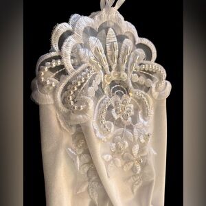 White Bridal Wedding Sequin Beaded Satin Fingerless Gloves, Long Elbow Length